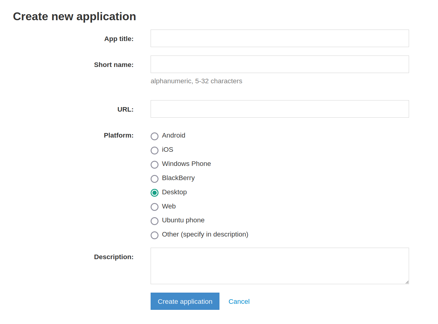 Telegram app create page